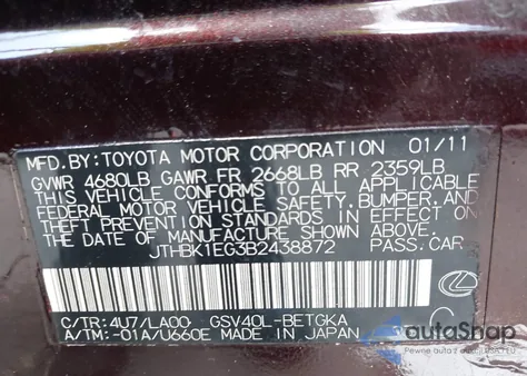 2011 Lexus Es 350 z USA, uszkodzony, nr VIN JTHBK1EG3B2438872